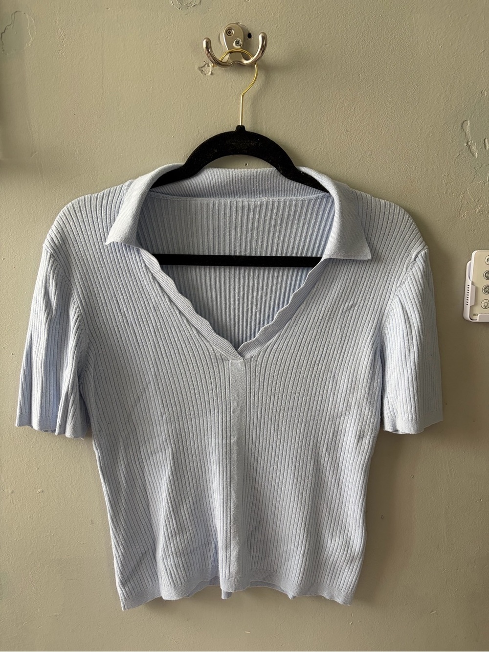 Light Blue Ribbed Polo Knit Top